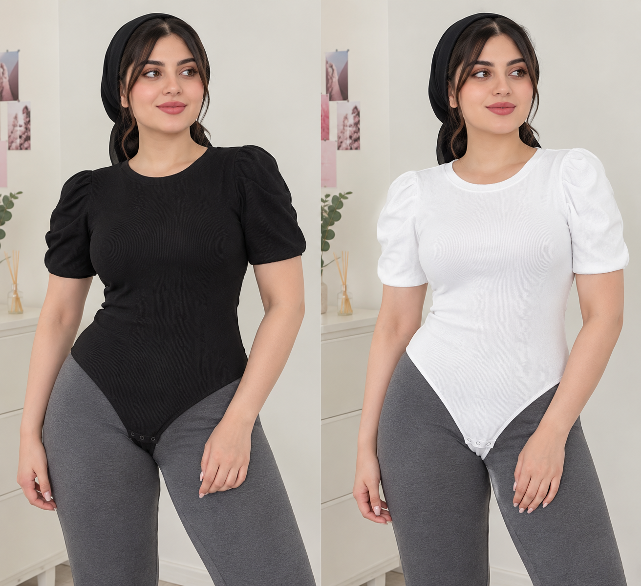 بادی زنانه آستین کوتاه چین دار- مشکی و سفید- فانریپ کبریتی قزن دار