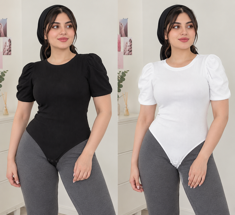 بادی زنانه آستین کوتاه چین دار- مشکی و سفید- فانریپ کبریتی قزن دار